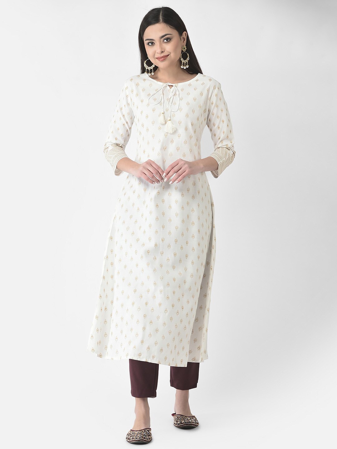 

Span Ethnic Motifs Printed Tie-Up Neck Straight Kurta, White