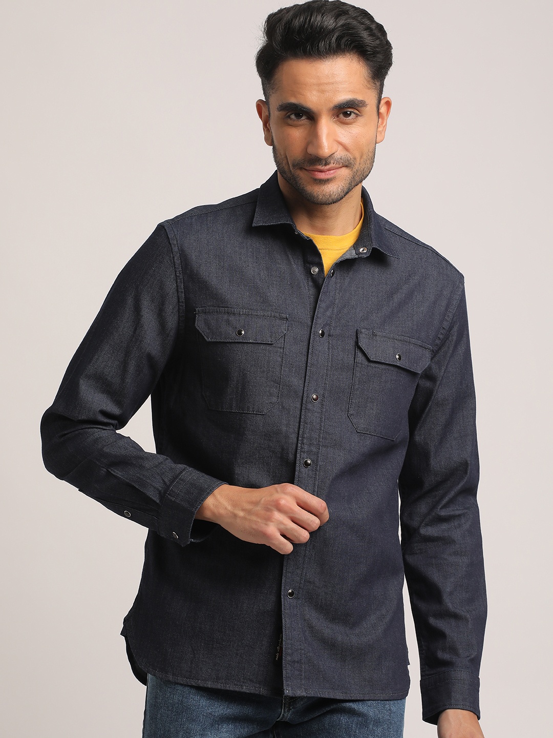 

EVERBLUE Spread Collar Denim Slim Fit Casual Shirt, Blue