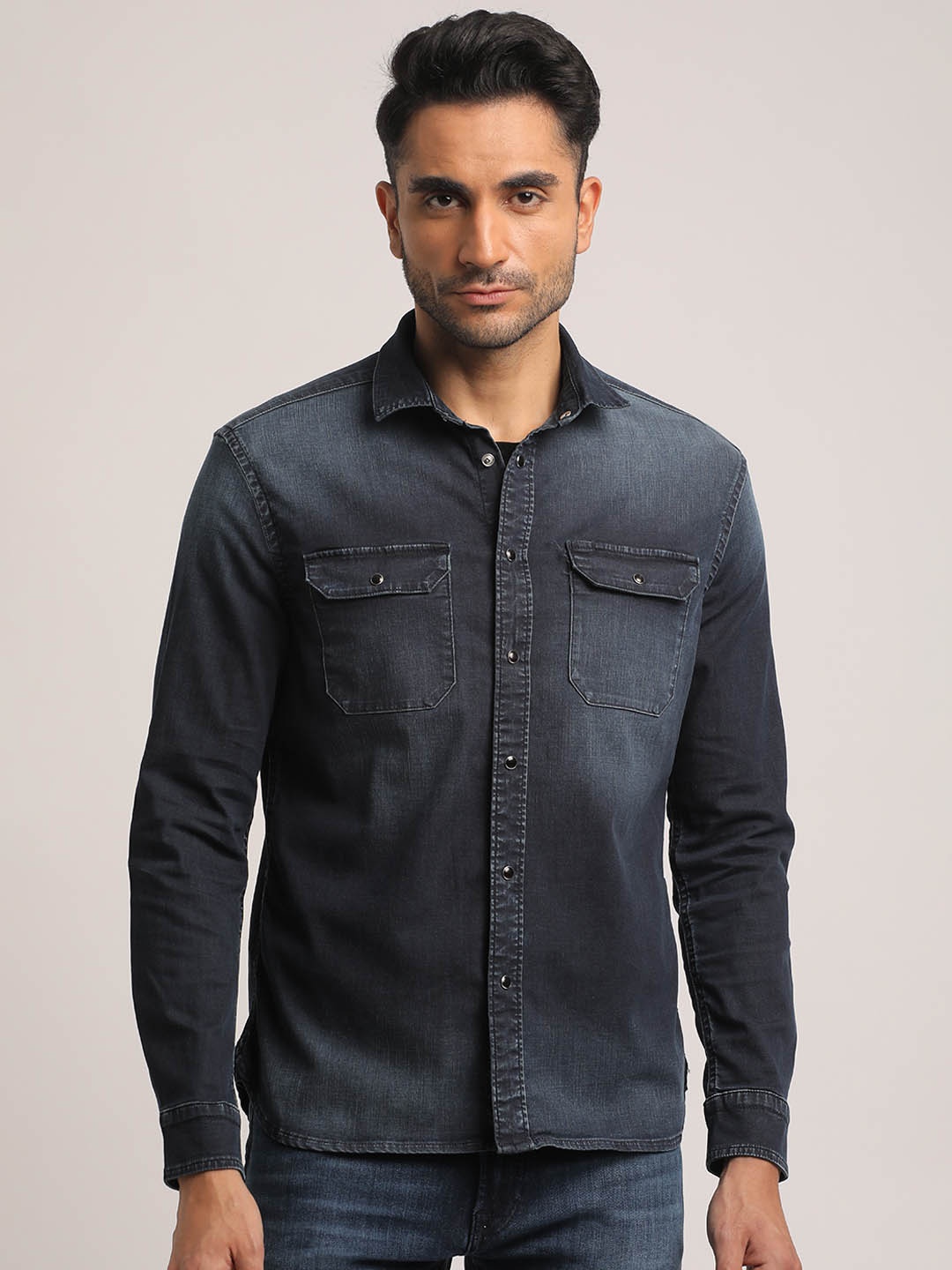 

EVERBLUE Faded Denim Slim Fit Casual Shacket, Blue