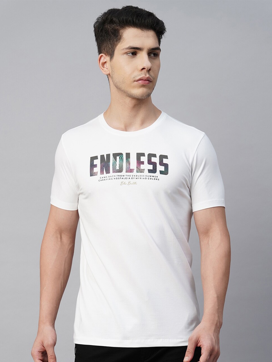 

Blue Buddha Typography Embroidered Round Neck Regular Fit Cotton T-shirt, White