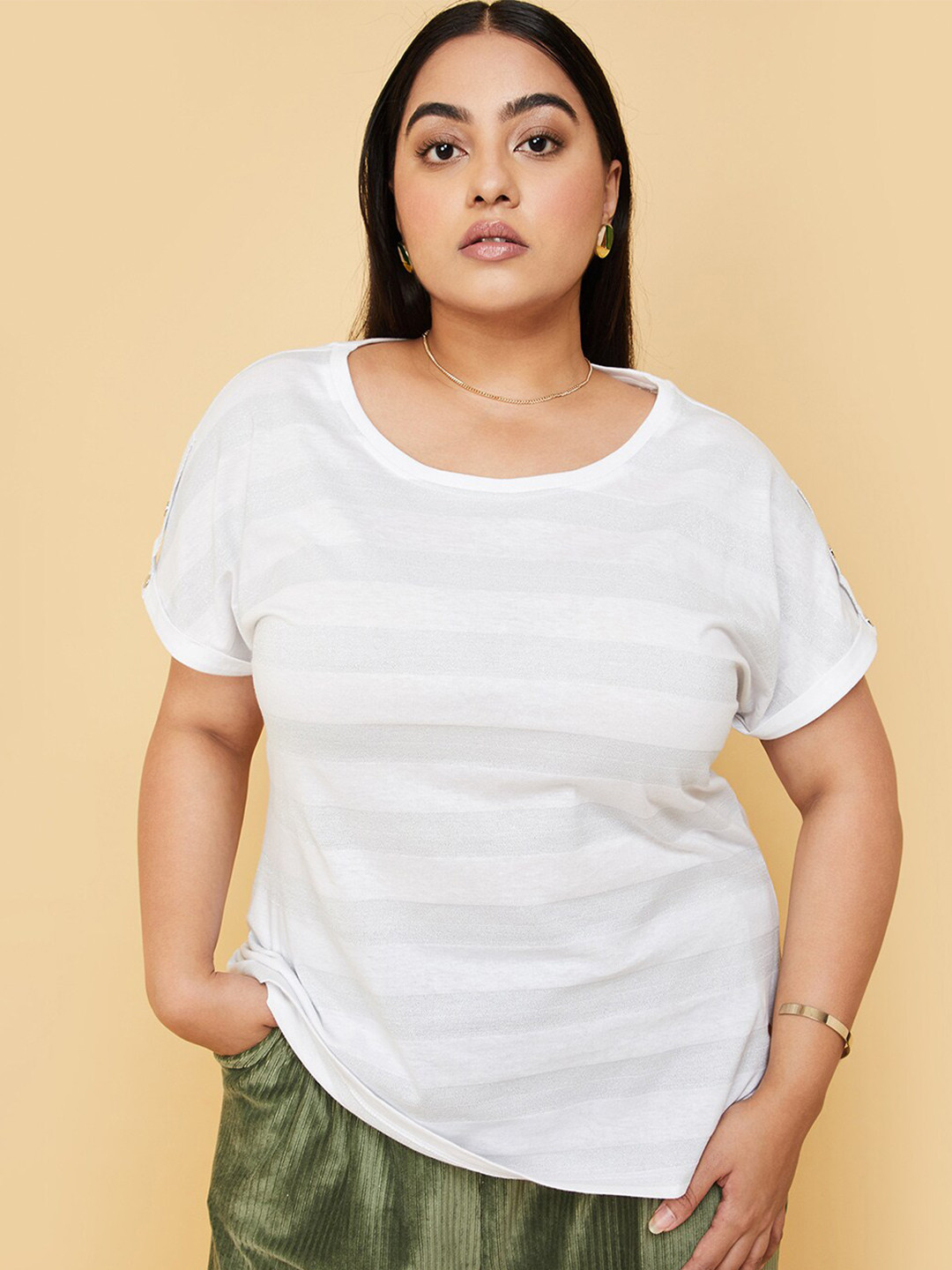 

max Plus Size Striped V-Neck Cotton Casual T-shirt, White