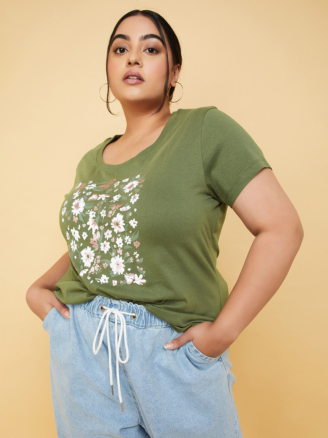 

max Plus Size Floral Printed Cotton Regular Fit T-shirt, Olive