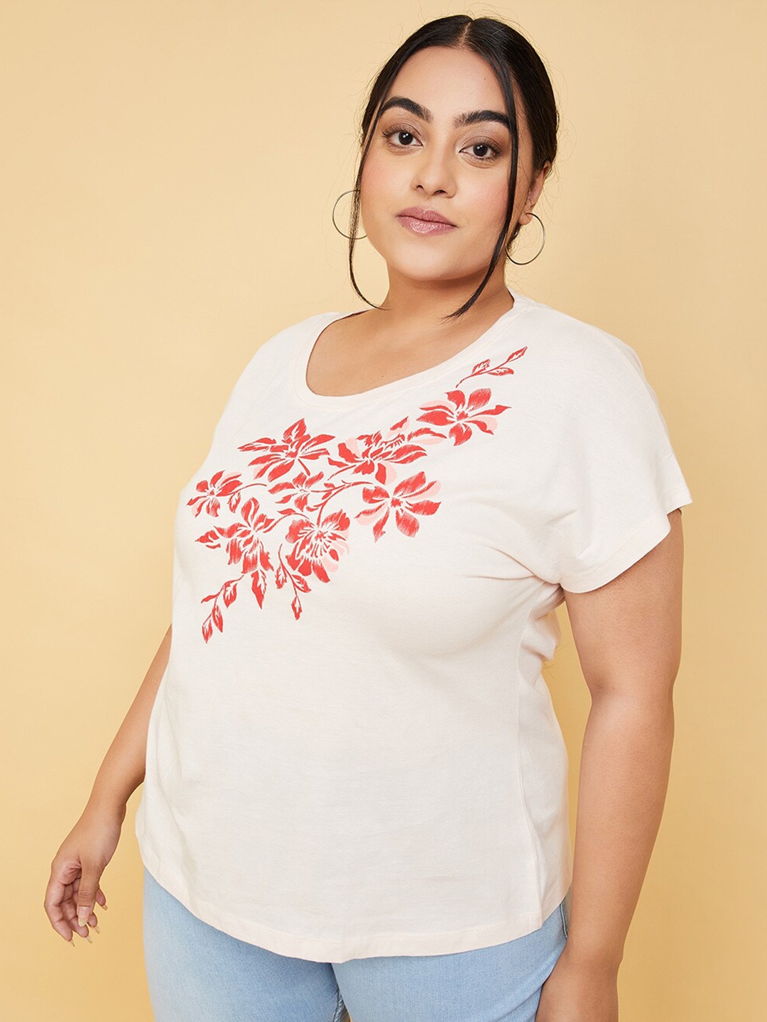 

max Plus Size Floral Printed Cotton Casual T-shirt, Pink