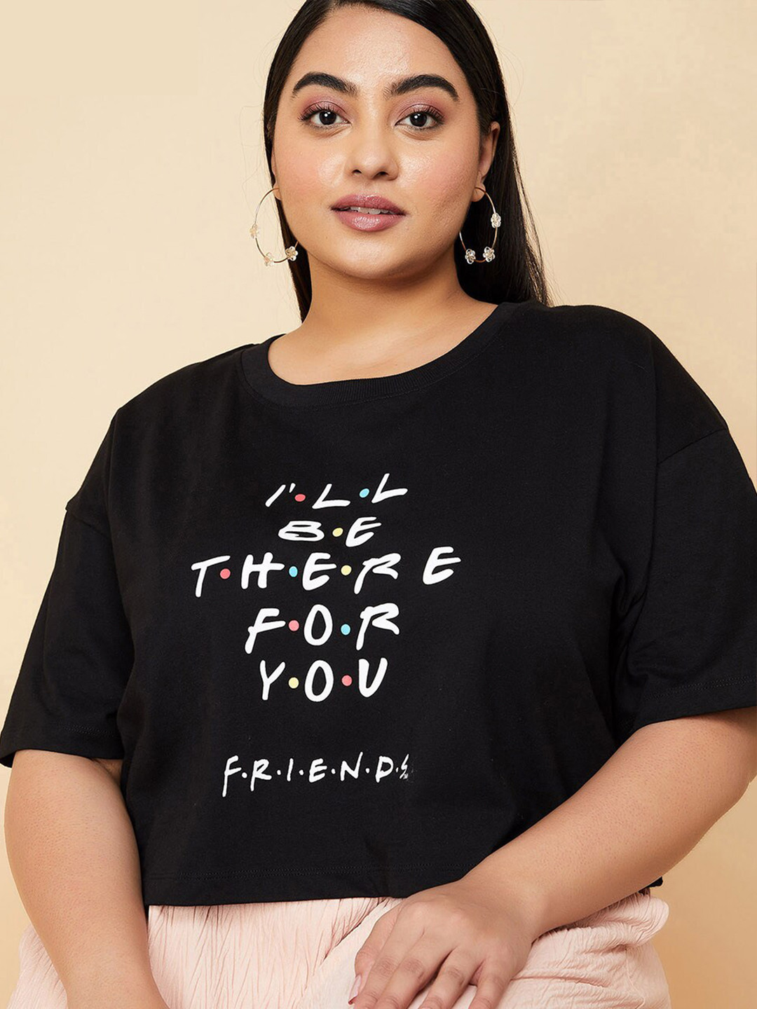 

max Plus Size Typography Printed Cotton Crop T-shirt, Black