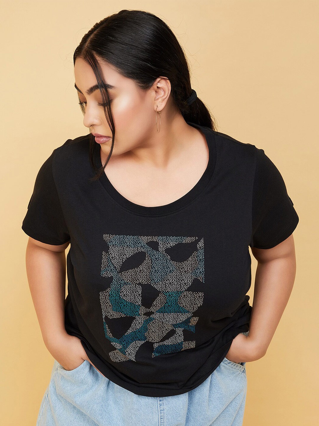 

max Plus Size Printed Pure Cotton T-shirt, Black