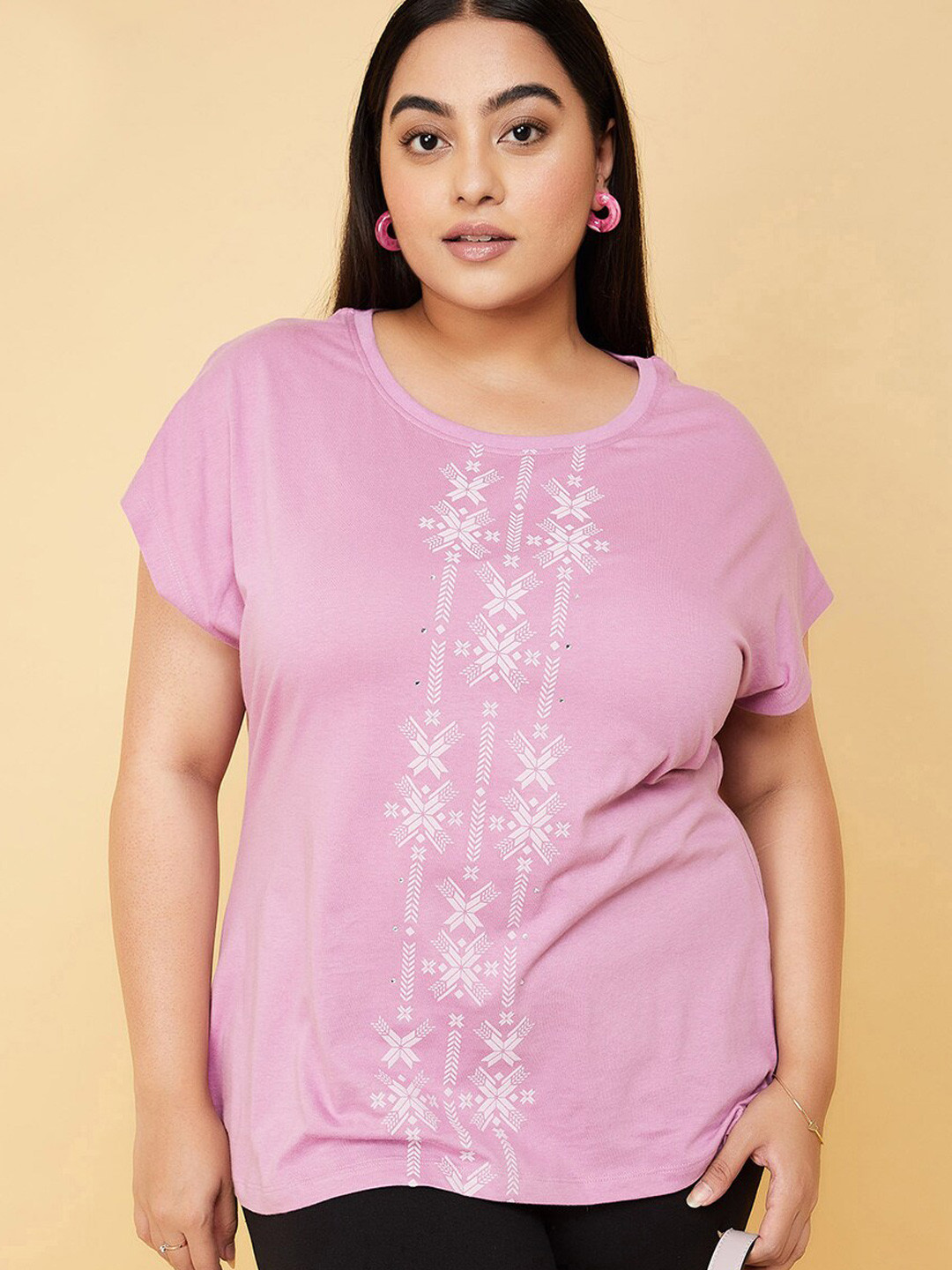 

max Plus Size Printed Pure Cotton Extended Sleeves T-shirt, Lavender