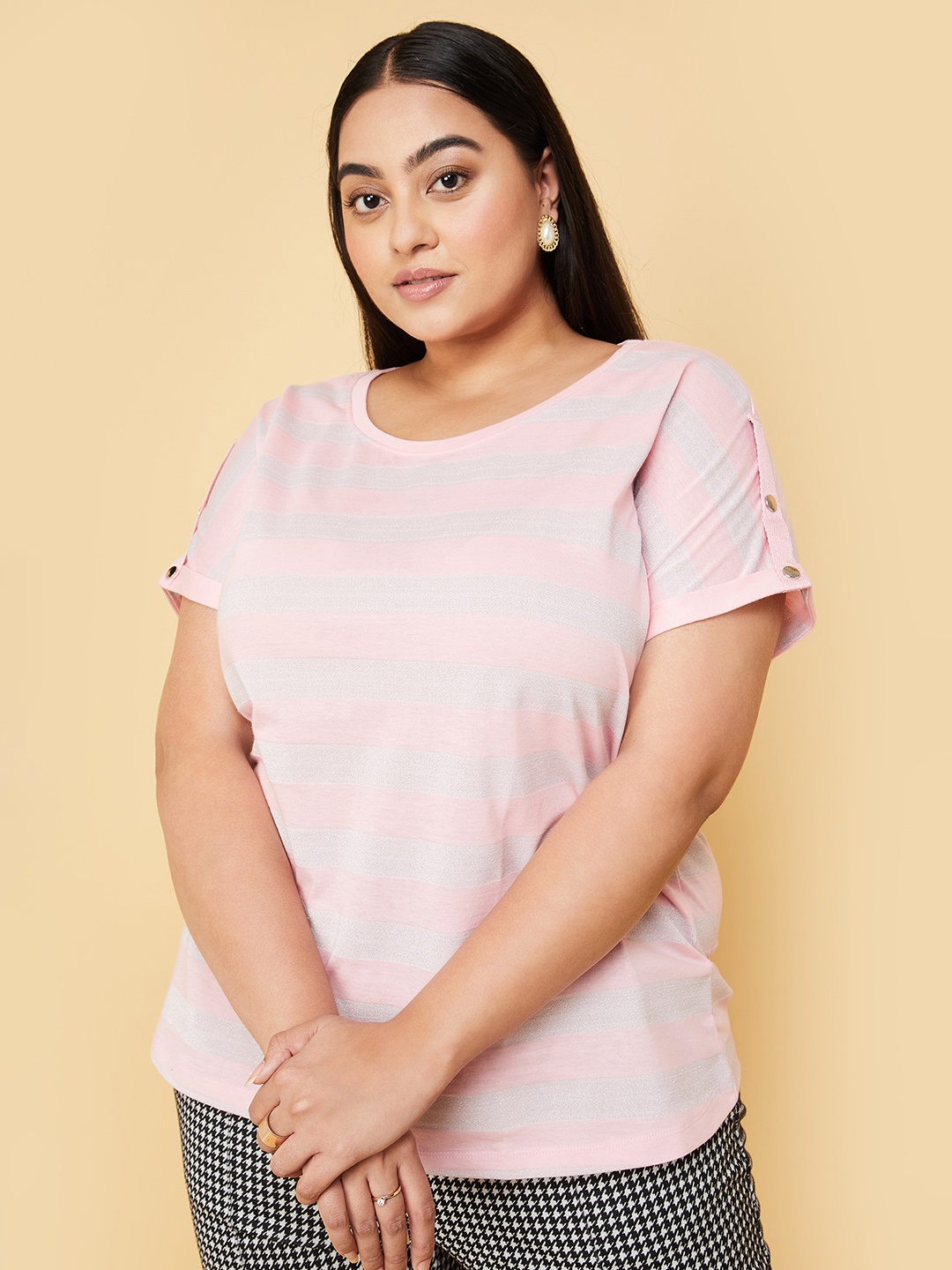 

max Plus Size Striped Regular Fit T-shirt, Pink