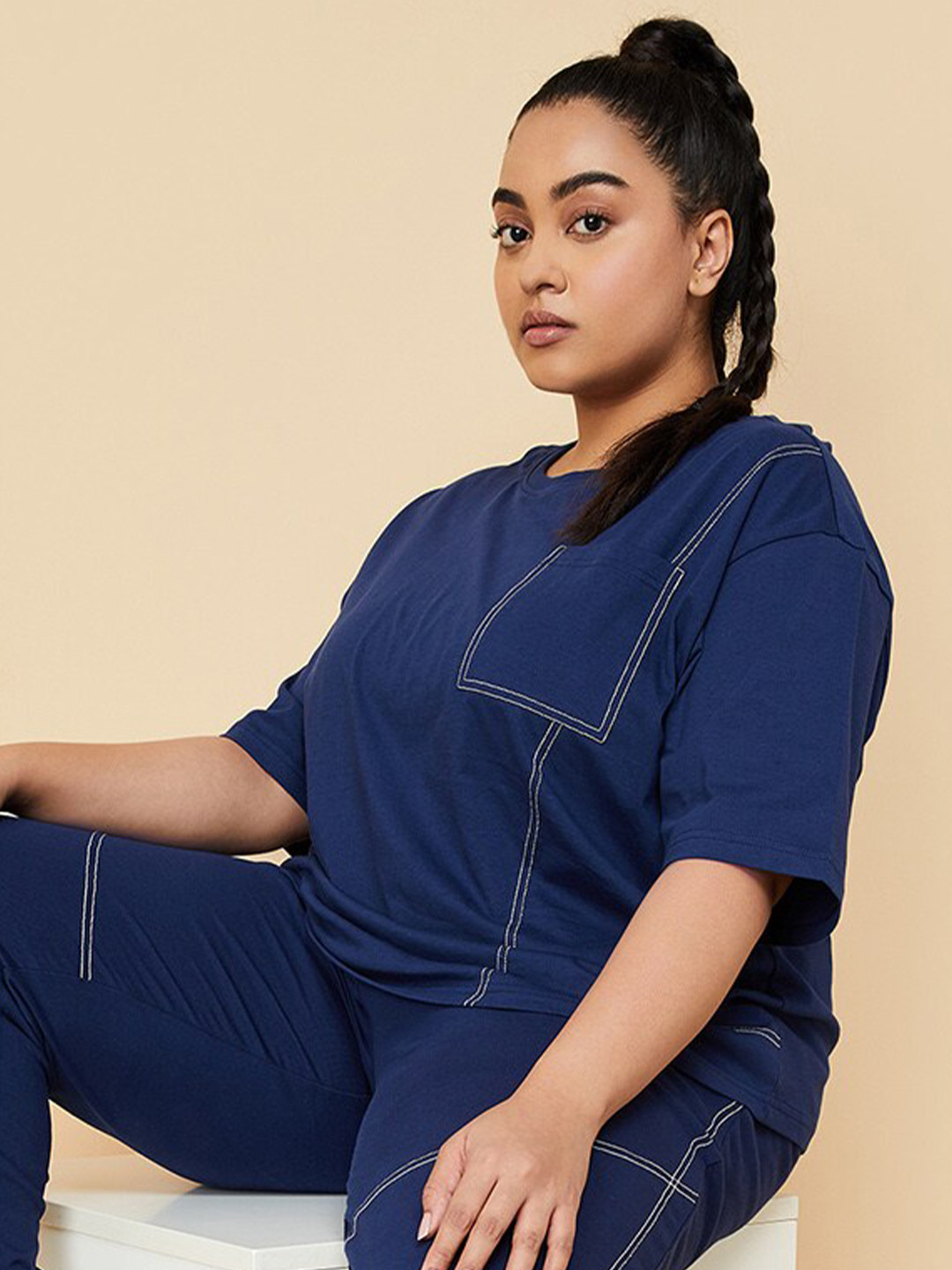 

max Plus Size Pure Cotton Drop-Shoulder Sleeves T-shirt, Navy blue