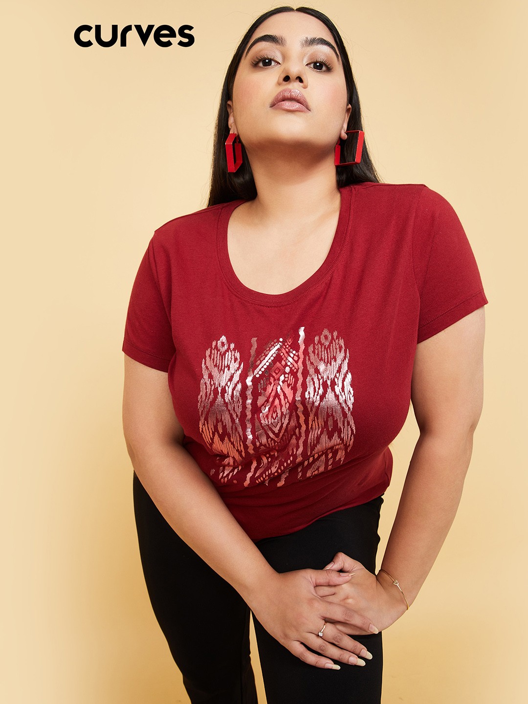 

max Plus Size Graphic Printed Cotton T-shirt, Maroon