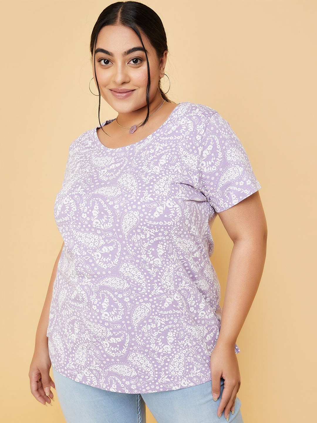 

max Plus Size Floral Printed Round Neck T Shirt, Purple