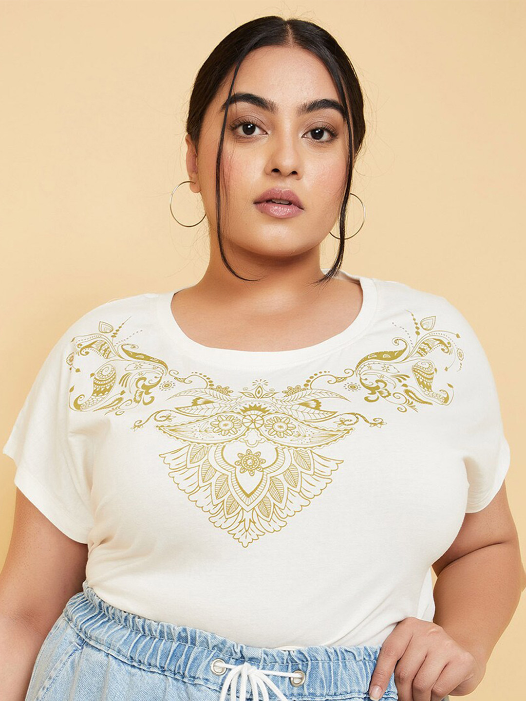 

max Plus Size Ethnic Motifs Printed T-shirt, Beige
