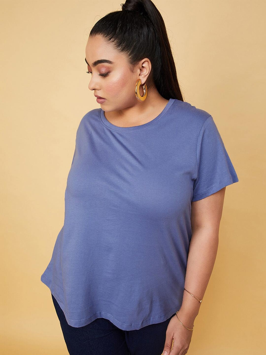 

max Plus Size Round Neck Regular Cotton T-shirt, Blue