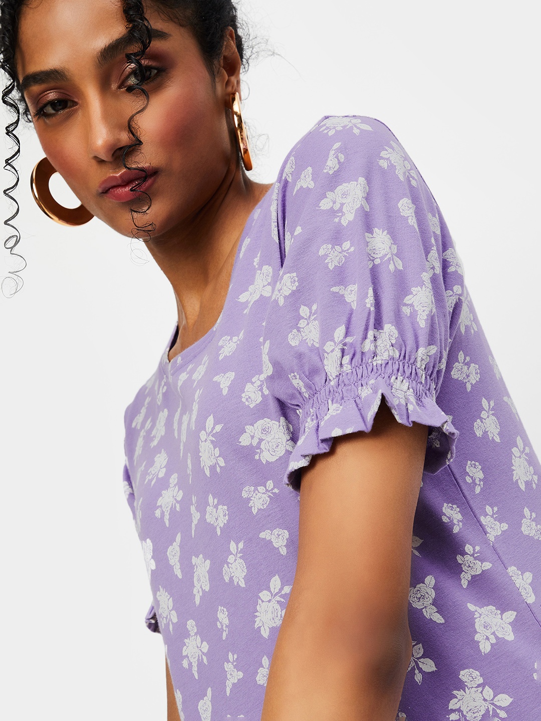 

max Floral Printed Puff Sleeves Cotton T-shirt, Purple