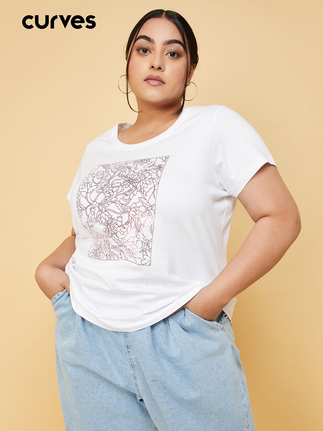 

max Plus Size Self Design Pure Cotton T-Shirt, White