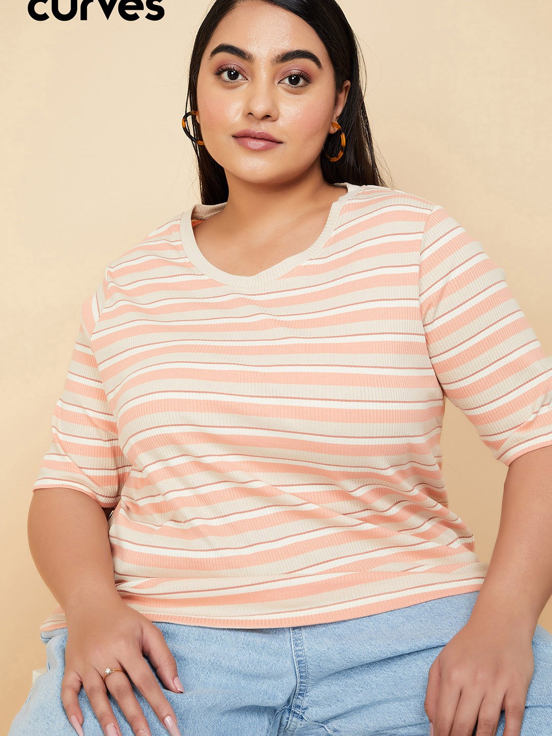 

max Plus Size Striped Cotton T-Shirt, Beige