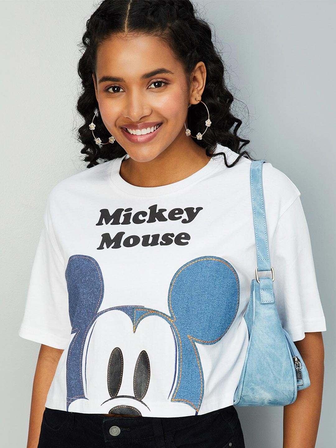 

max URB_N Women Mickey Mouse Printed Crop T-shirt, White