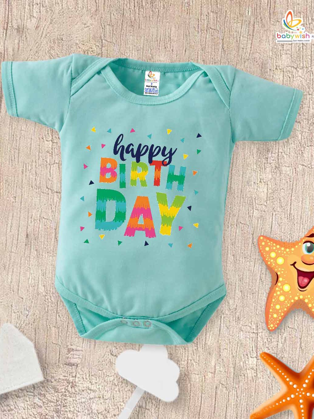 

Babywish Infants Happy Birthday Printed Cotton Bodysuit, Sea green