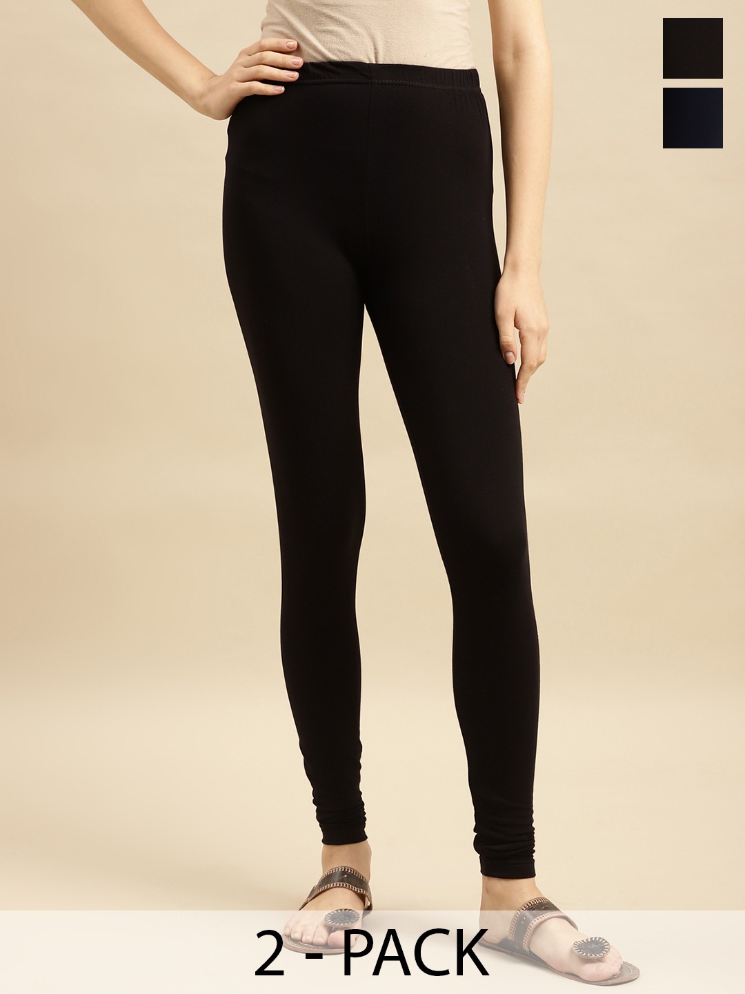 

Rangita Pack Of 2 Knitted Churidar-Length Pure Cotton Leggings, Black