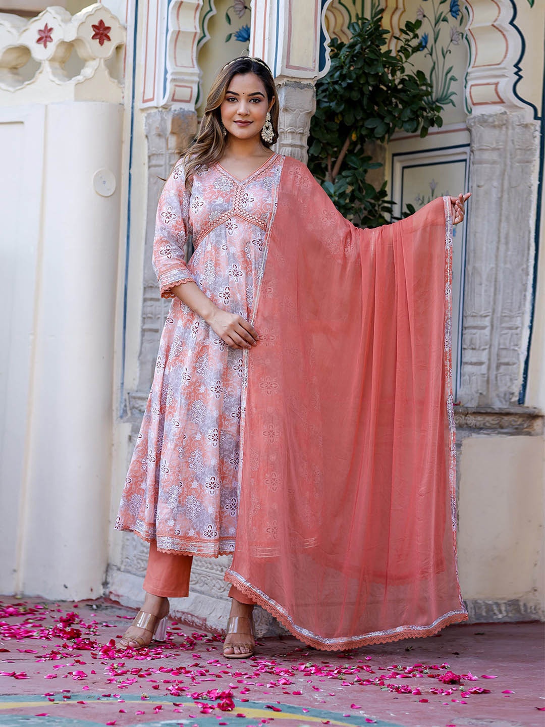 

Chandbaali Ethnic Motifs Printed Pure Cotton Anarkali Kurta & Trouser With Dupatta, Peach