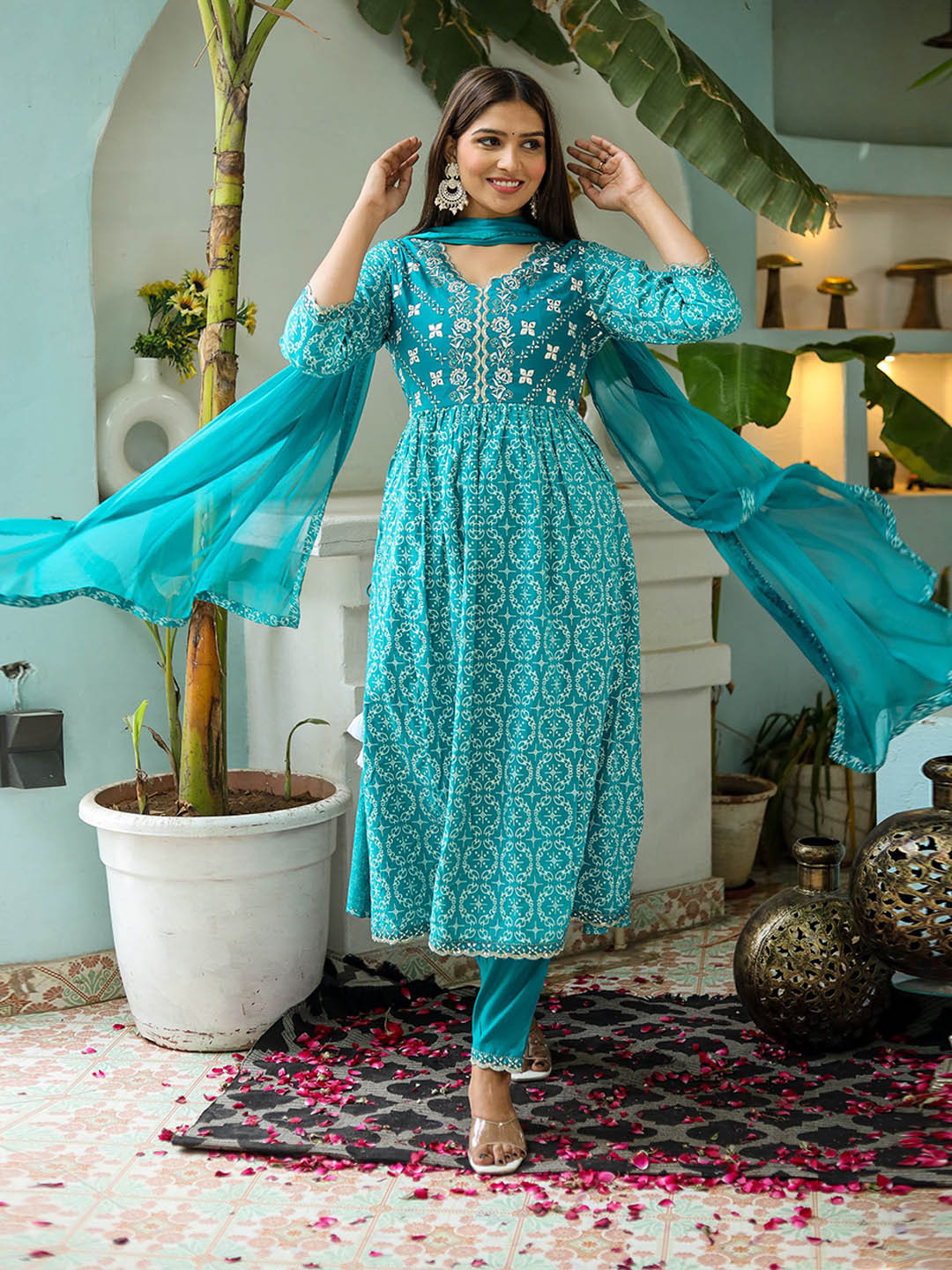 

Chandbaali Ethnic Motifs Printed Mirror Work Detail Anarkali Kurta & Trouser With Dupatta, Blue