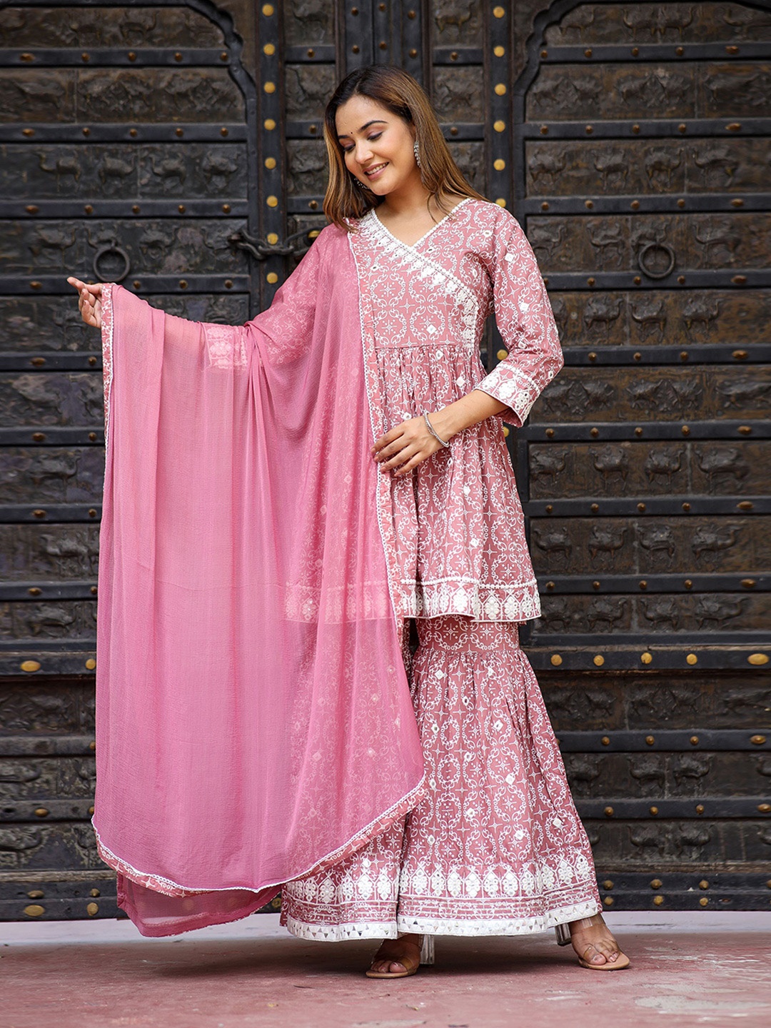 

Chandbaali Ethnic Motifs Printed Mirror Work Detail Anarkali Kurta & Sharara With Dupatta, Pink