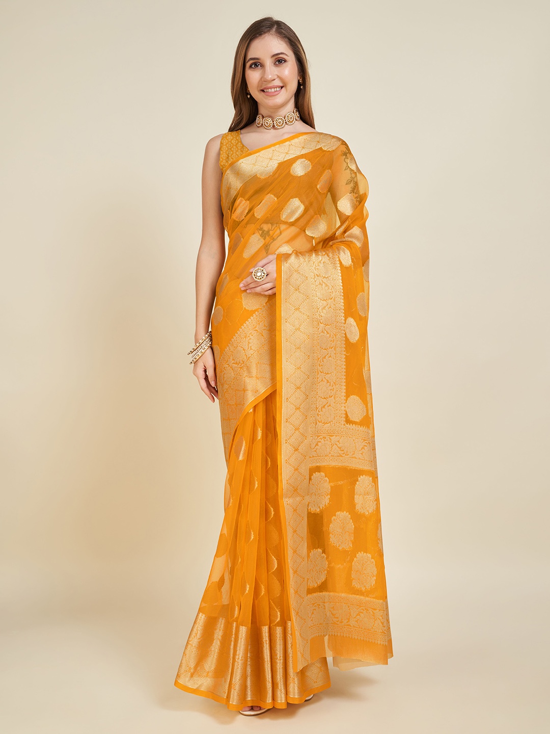 

NIWAA Ethnic Motifs Woven Design Zari Organza Banarasi Saree, Yellow
