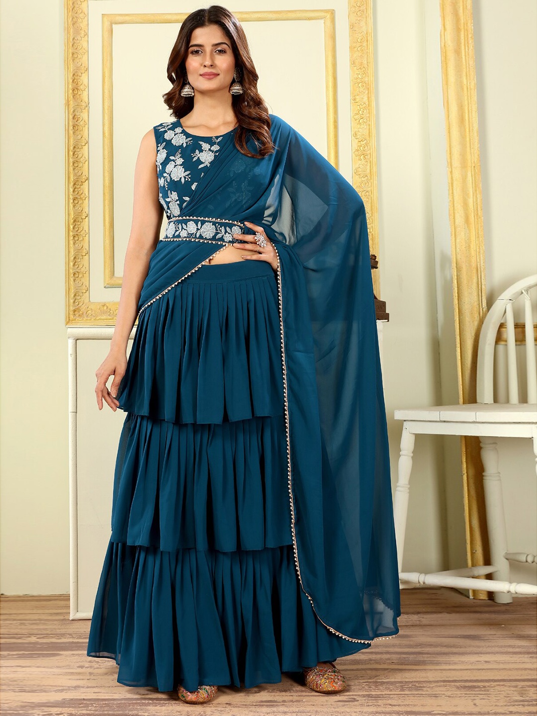 PATLANI STYLE 3 layered ready to wear saree With Embroidery ready Belt and stitched Blouse, Blue