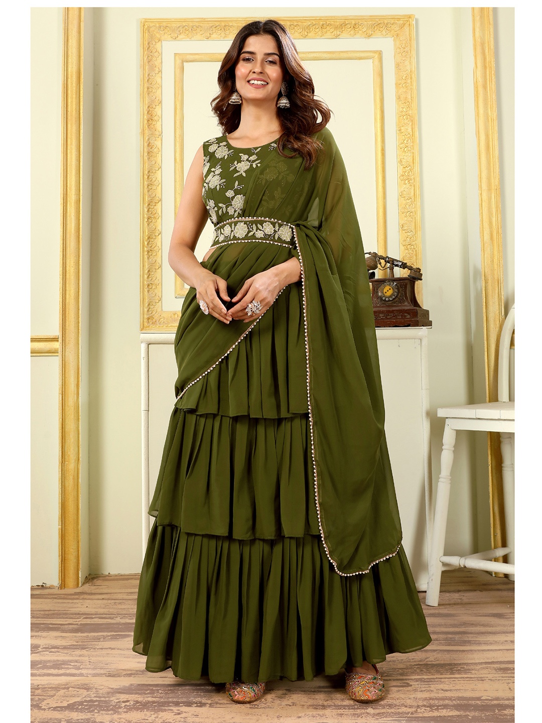 

PATLANI STYLE Georgette 3-Layered Embroidered Ready To Wear Saree With Belt, Green