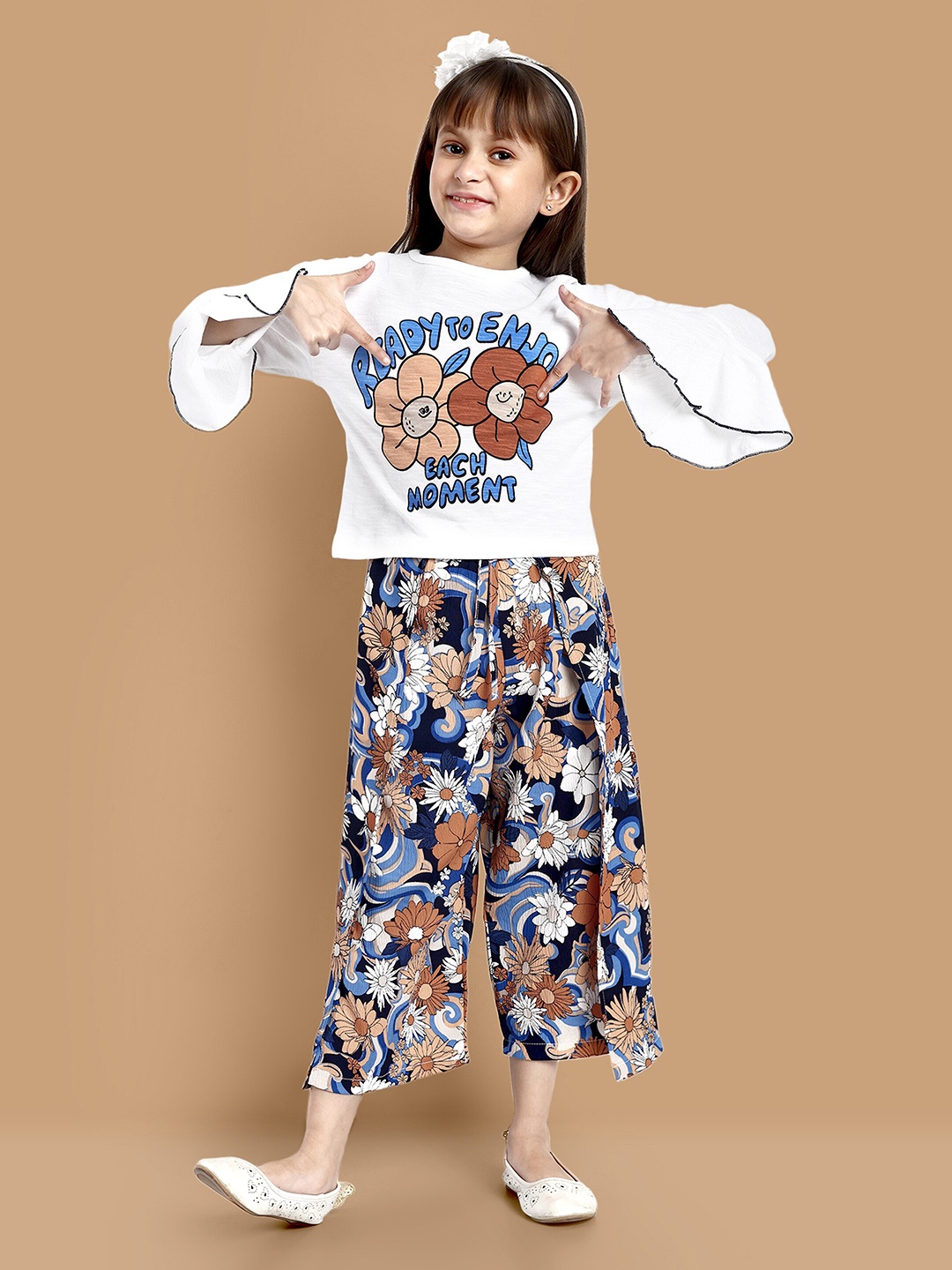 

YK Girls Printed Top with Palazzos, White