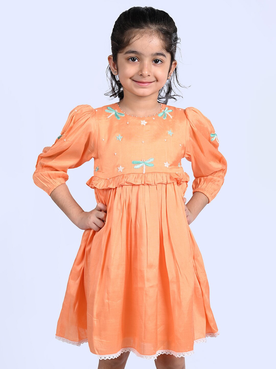 

Little Llama Embroidered Round Neck Fit & Flare Dress, Orange