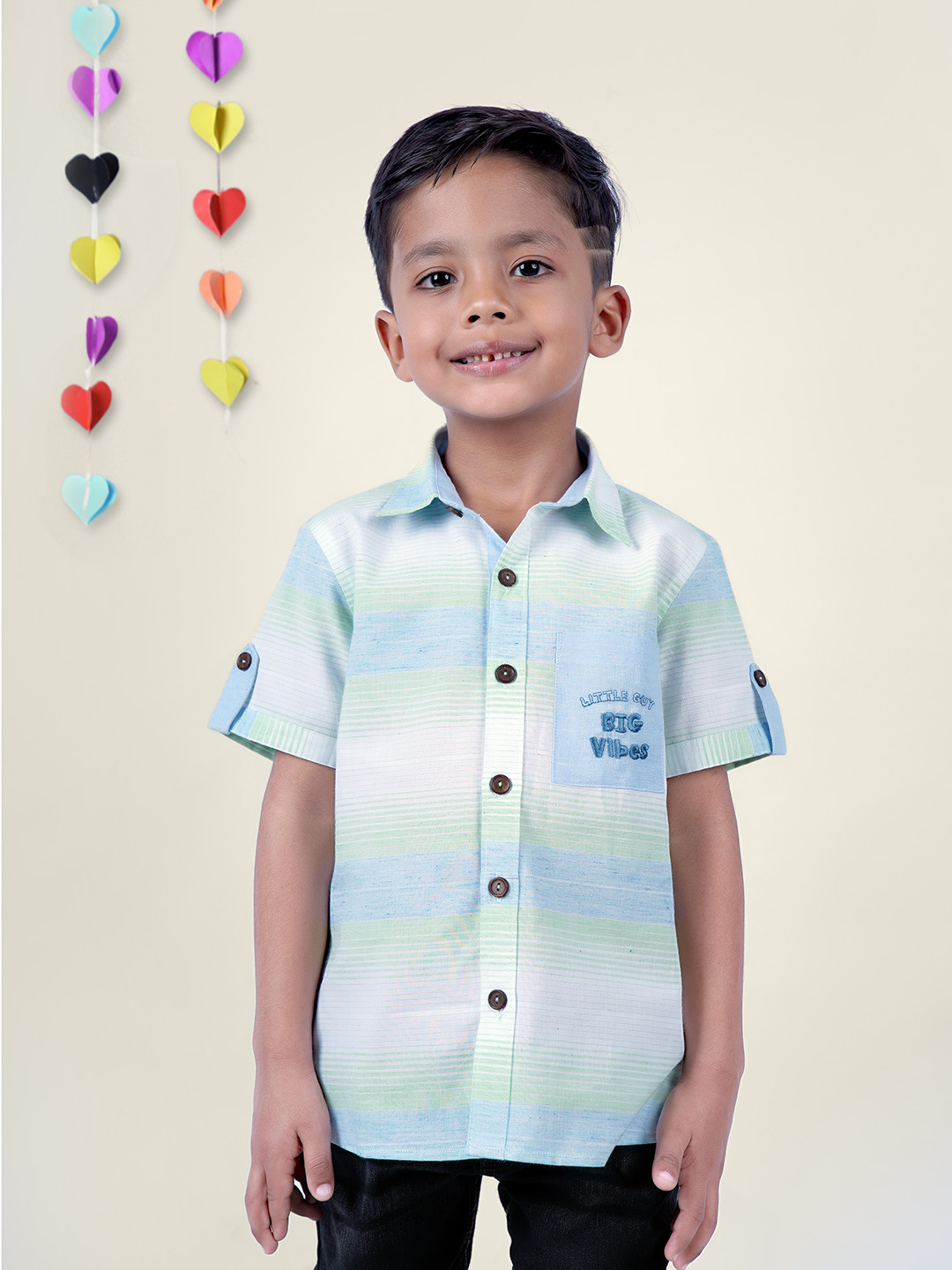 

Little Llama Boys Comfort Horizontal Striped Spread Collar Pure Cotton Casual Shirt, Blue