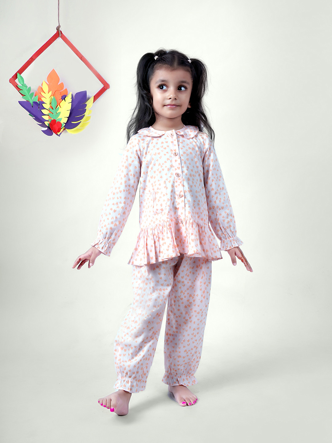 

Little Llama Girls Printed Pure Cotton Night suit, White