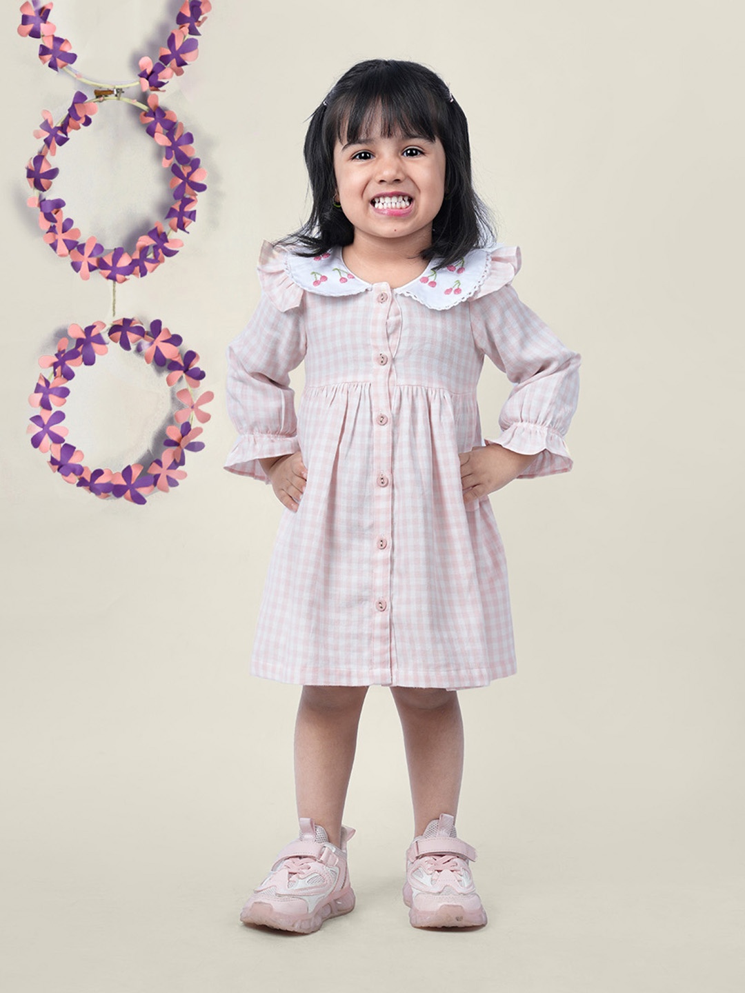 

Little Llama Girls Checked Gathered Detailed Pure Cotton Fit & Flare Dress, Pink