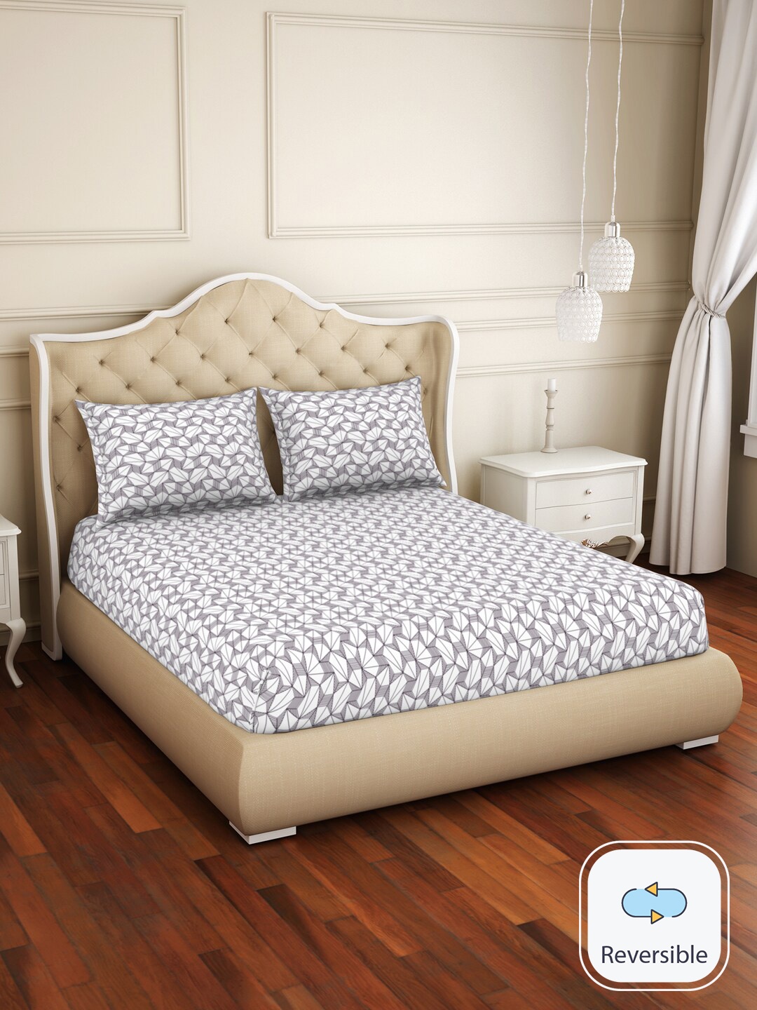 

Welspun Grey & White Geometric Printed 150 TC King Bedsheet Set
