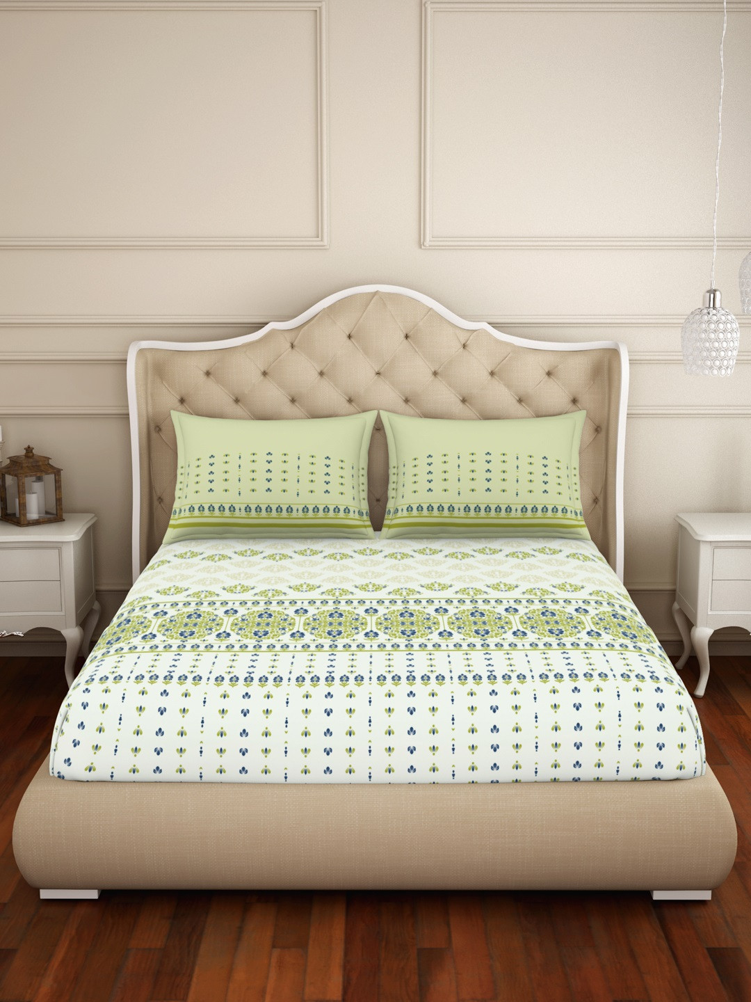 

Welspun Green & White Printed 144 TC King Bedsheet Set