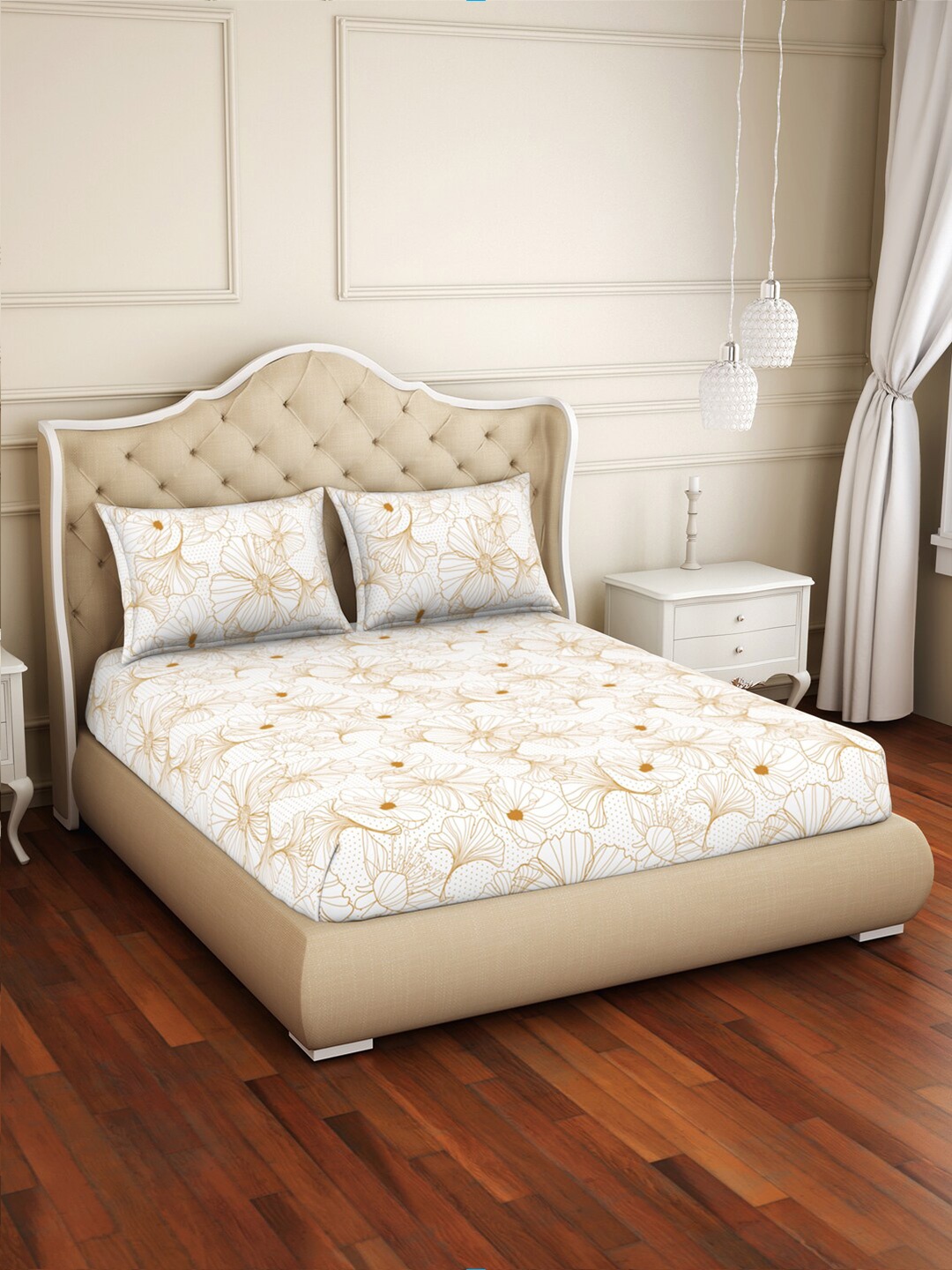 

Welspun Beige & White Floral 150 TC King Bedsheet with 2 Pillow Covers