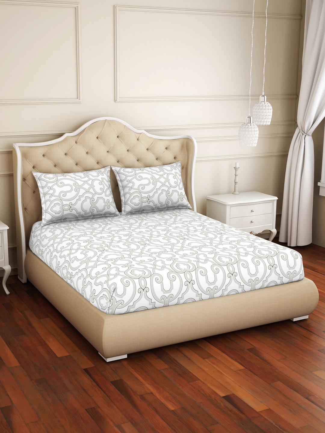 

Welspun Grey & White 150 TC Cotton King Bedsheet with 2 Pillow Covers