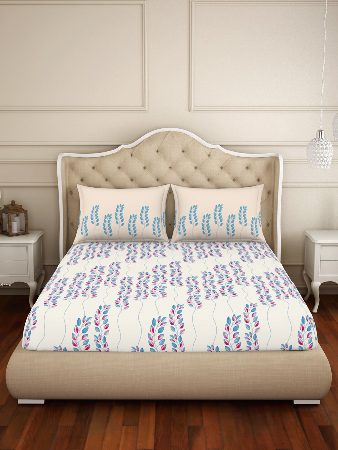 

Welspun Beige & Blue Floral Printed 144 TC King Bedsheet Set