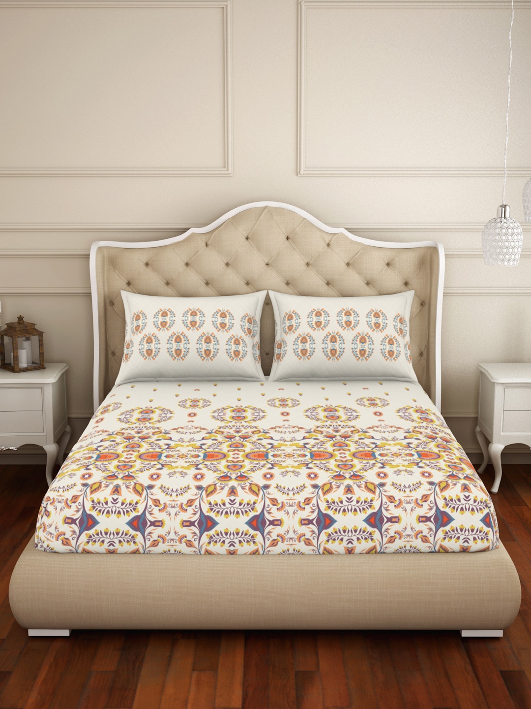 

Welspun Cream & Orange Printed 144 TC King Bedsheet Set