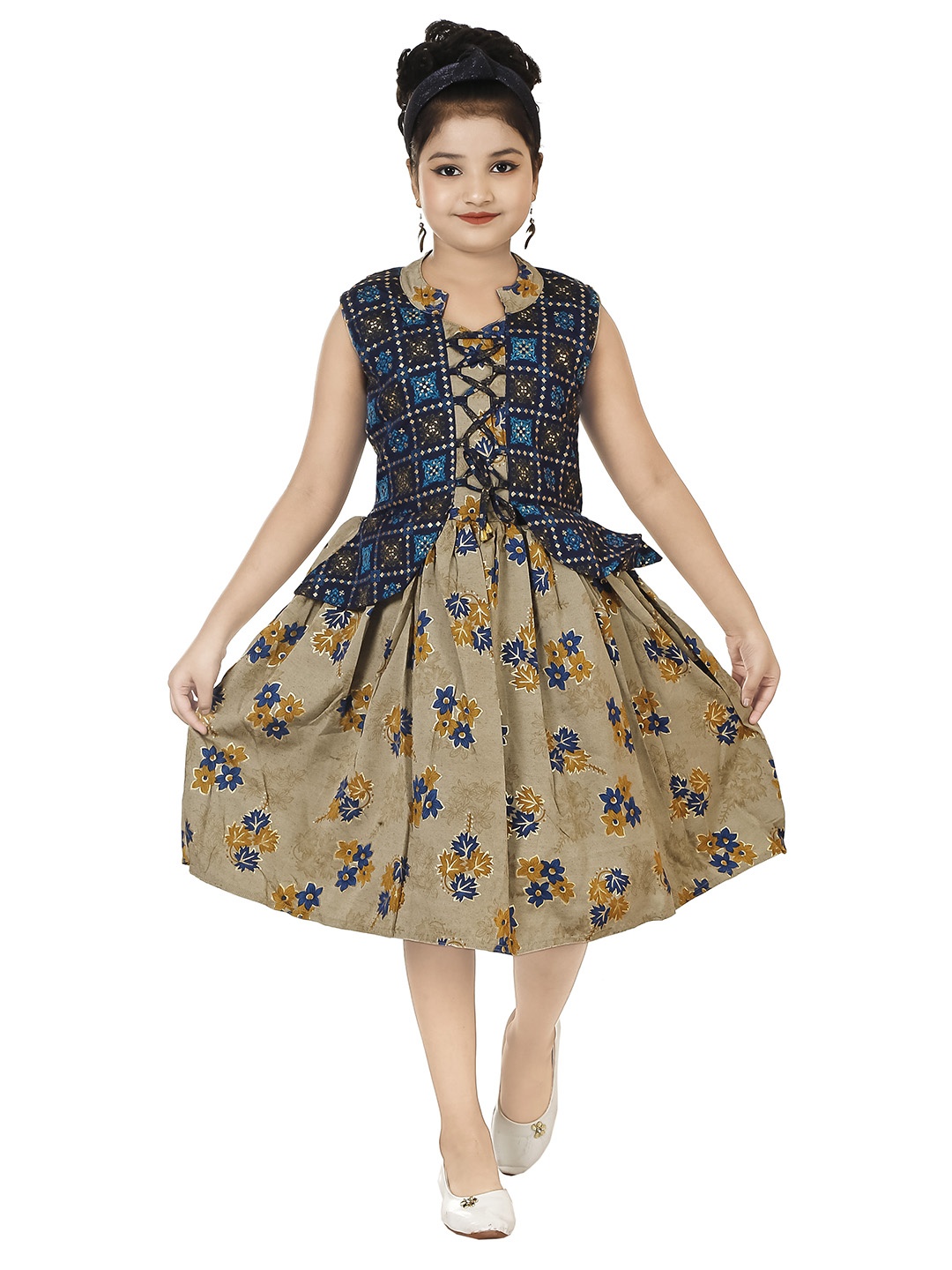 

CELEBRITY CLUB Girls Floral Printed Sleeveless Fit & Flare Jacket Dress, Blue