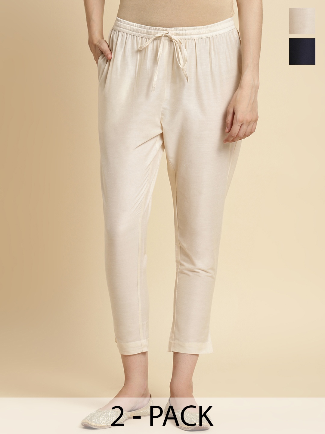 

Rangita Women Pack Of 2 Relaxed Straight Leg Slim Fit Pleated Trousers, Cream