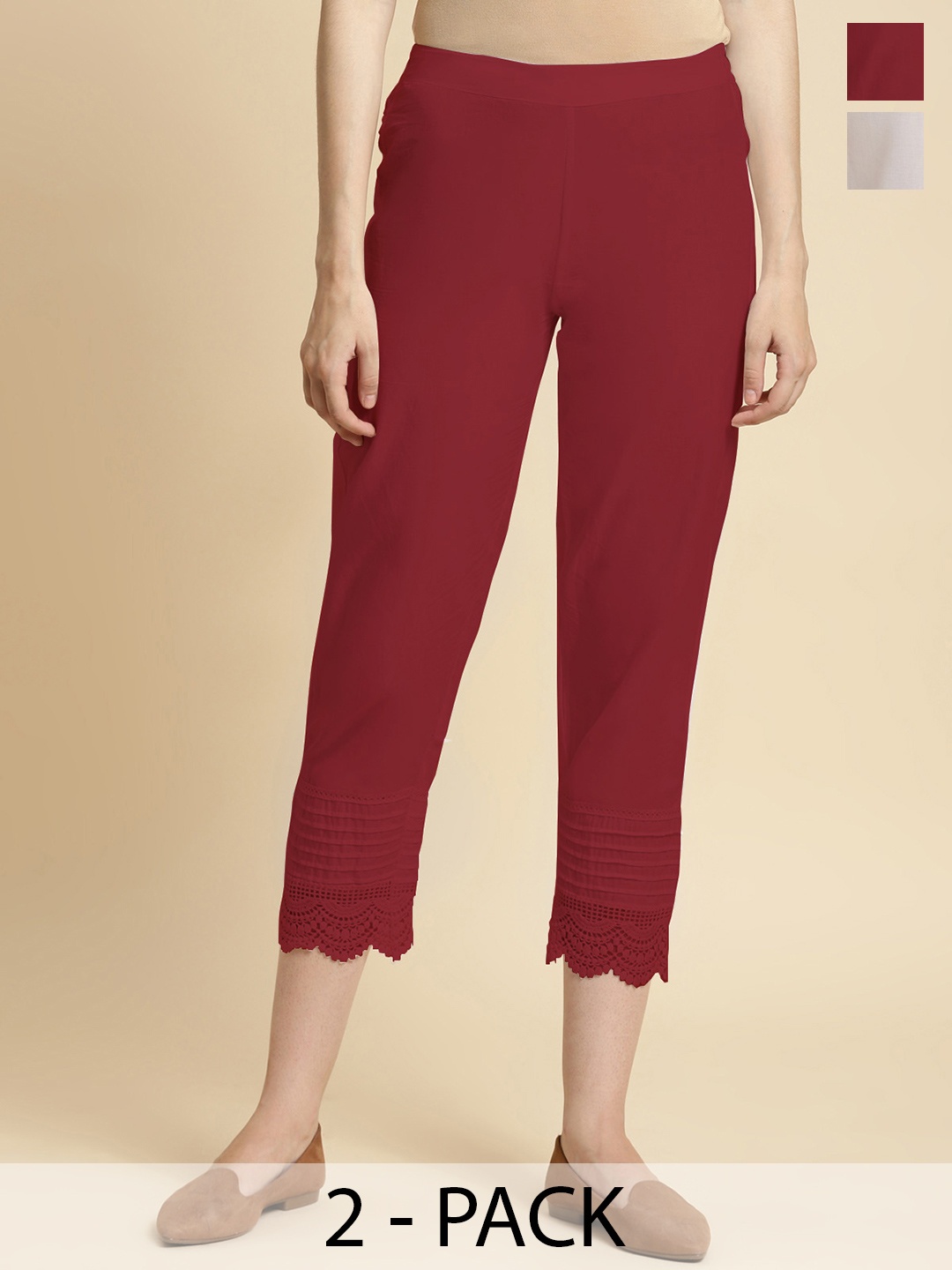 

Rangita Women Pack Of 2 Mid-Rise Pencil Slim Fit Cotton Regular Trousers, Maroon
