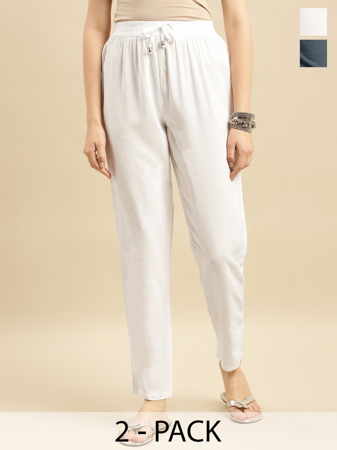 

Rangita Women Pack Of 2 Relaxed Straight Leg Slim Fit Trousers, White
