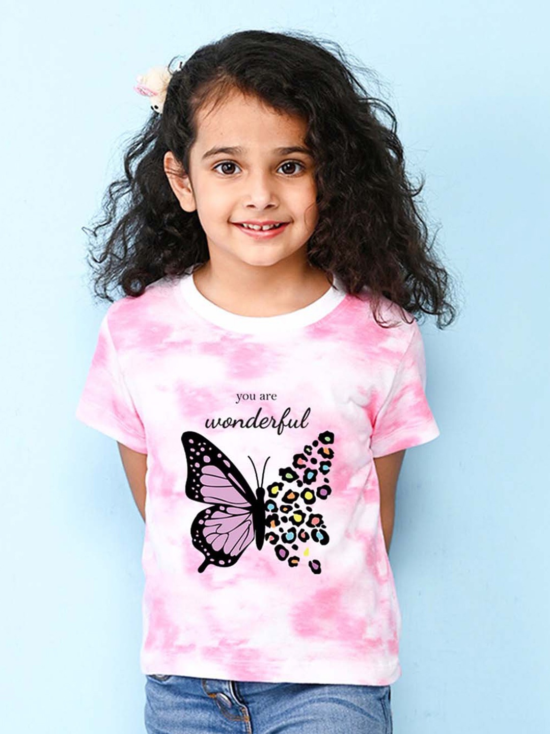 

NUSYL Girls Butterfly Printed Round Neck Short Sleeves Tie & Dye T-Shirt, Pink