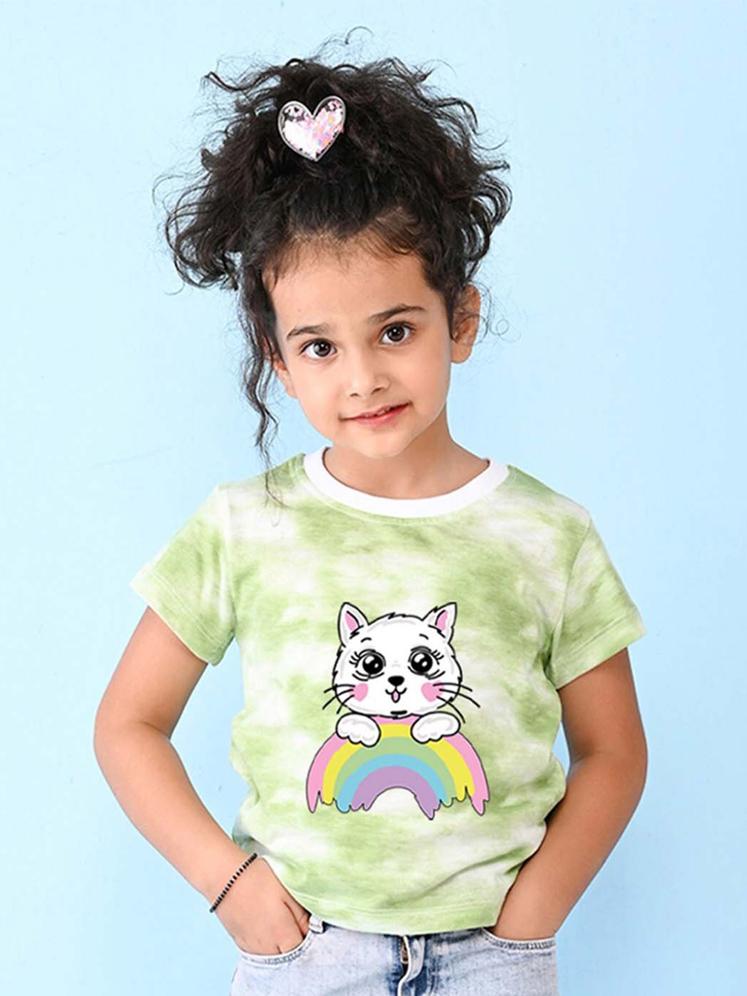 

NUSYL Girls Cat & Rainbow Printed Round Neck Short Sleeves Tie & Dye T-Shirt, Green