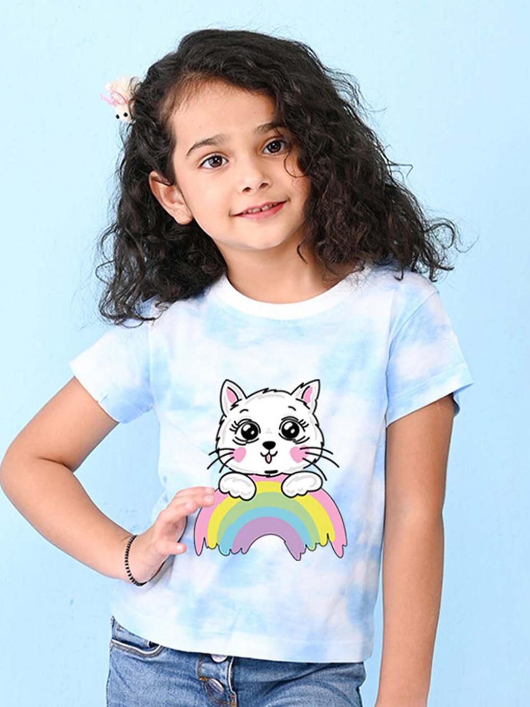 

NUSYL Girls Cat & Rainbow Printed Round Neck Short Sleeves Tie & Dye T-Shirt, Blue