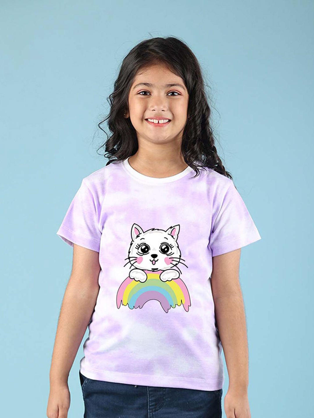 

NUSYL Girls Cat & Rainbow Printed Round Neck Short Sleeves Tie & Dye T-Shirt, Purple