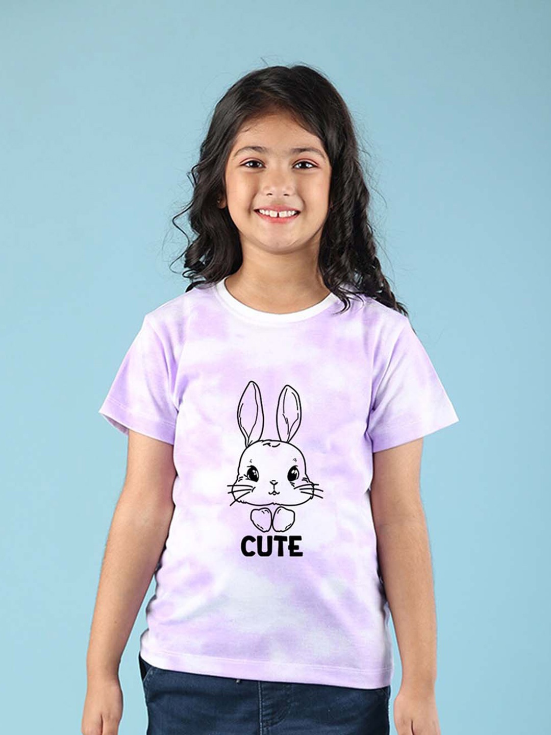 

NUSYL Girls Rabbit Printed Round Neck Short Sleeves Tie & Dye T-Shirt, Purple