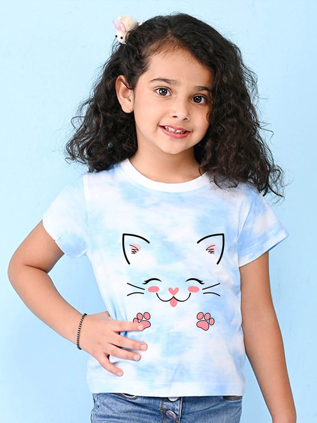 

NUSYL Girls Cat Printed High Neck Short sleeve Tie & Dye T-Shirt, Blue