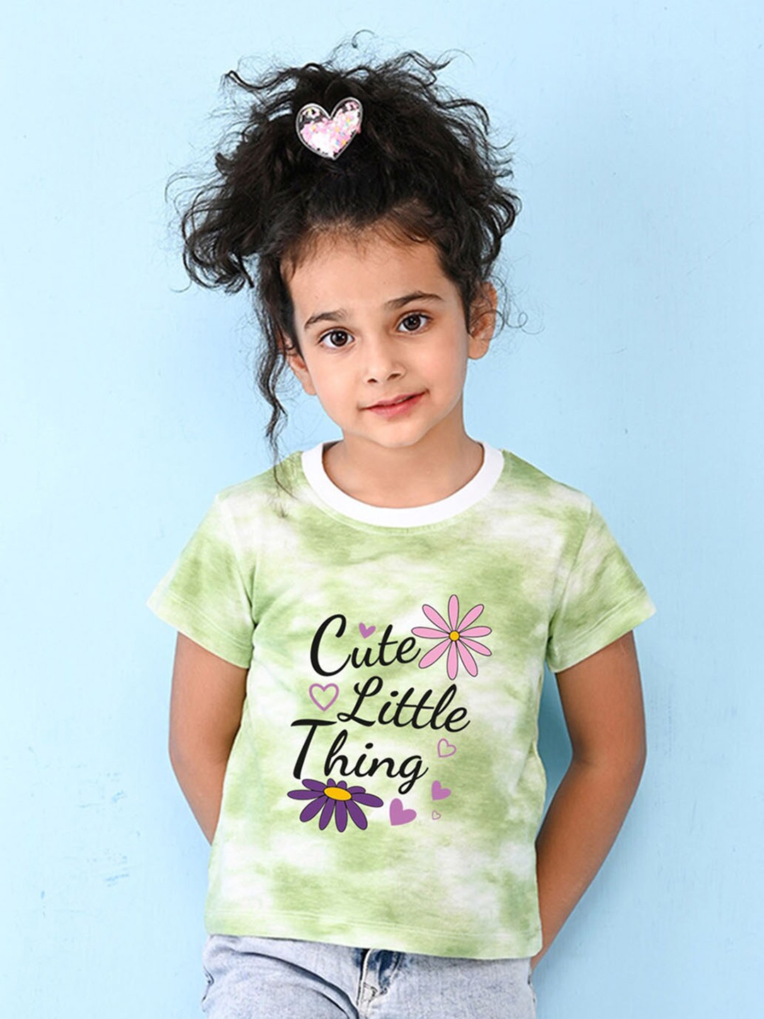

NUSYL Girls Text & Graphic Printed High Neck Short sleeve Tie & Dye T-Shirt, Green